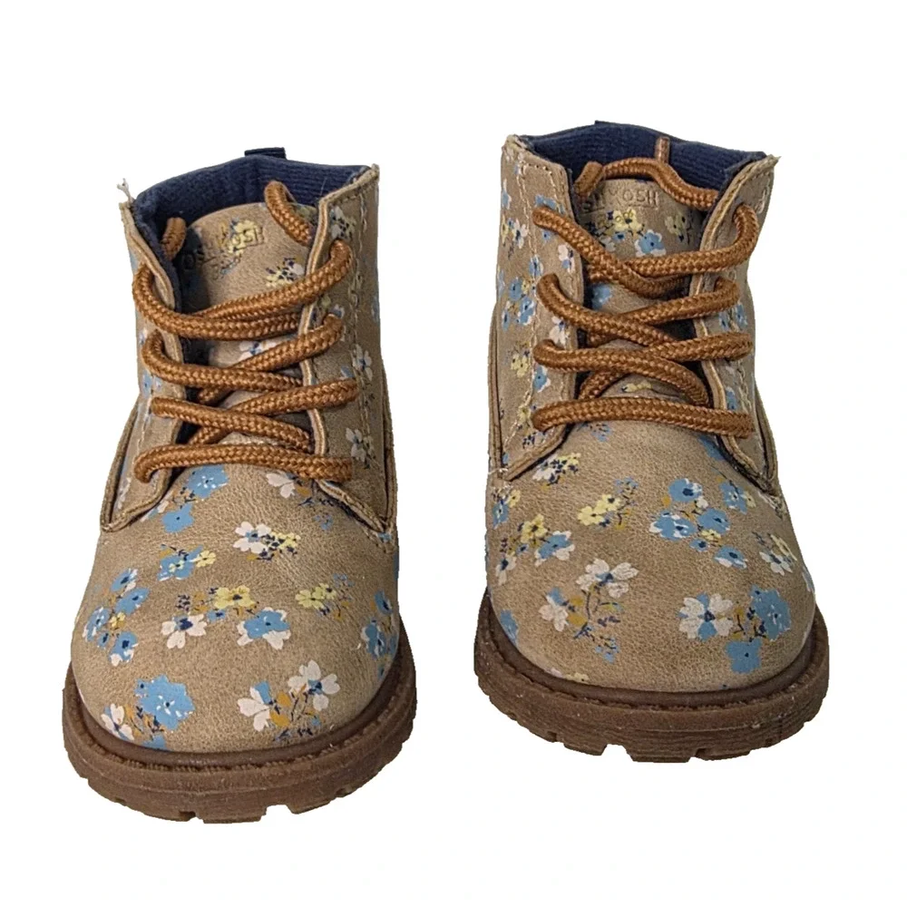 OshKosh B'gosh Toddler Girls 4M Judi Tan Blue Floral Lace Up Ankle Combat Boots
